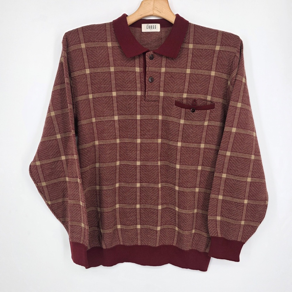 Tokyo Cross Mens Wool Knit Polo Sweater Burgundy Plaid Long Sleeve Large 7110165